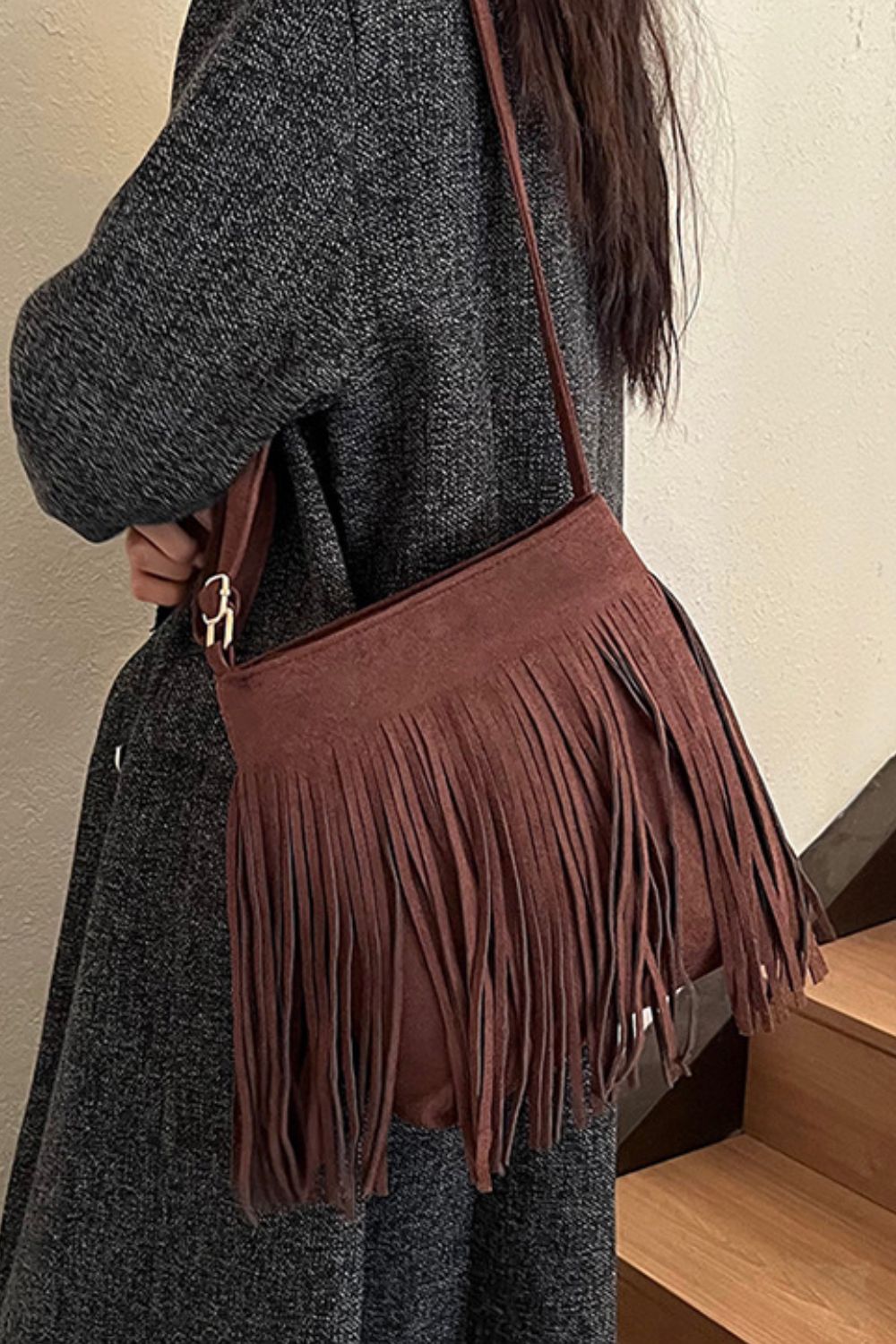 Suede Fringe Shoulder Bag. Caramel.