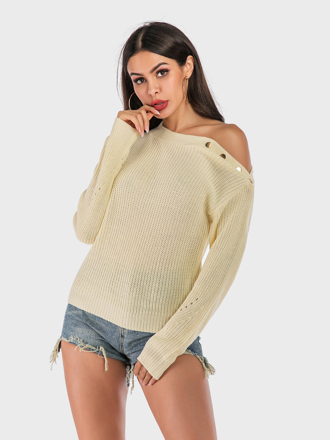 One Shoulder Long Sleeve Sweater. Beige.