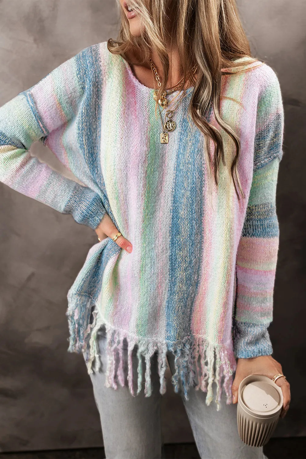 Fringe Color Block Round Neck Sweater. Light Blue.