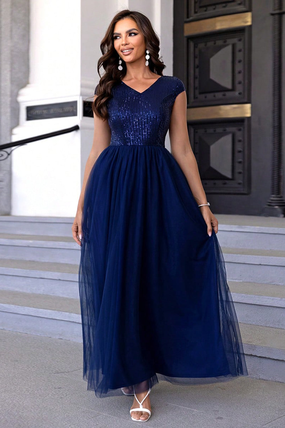 Sequin Mesh Maxi Dress. Dark blue