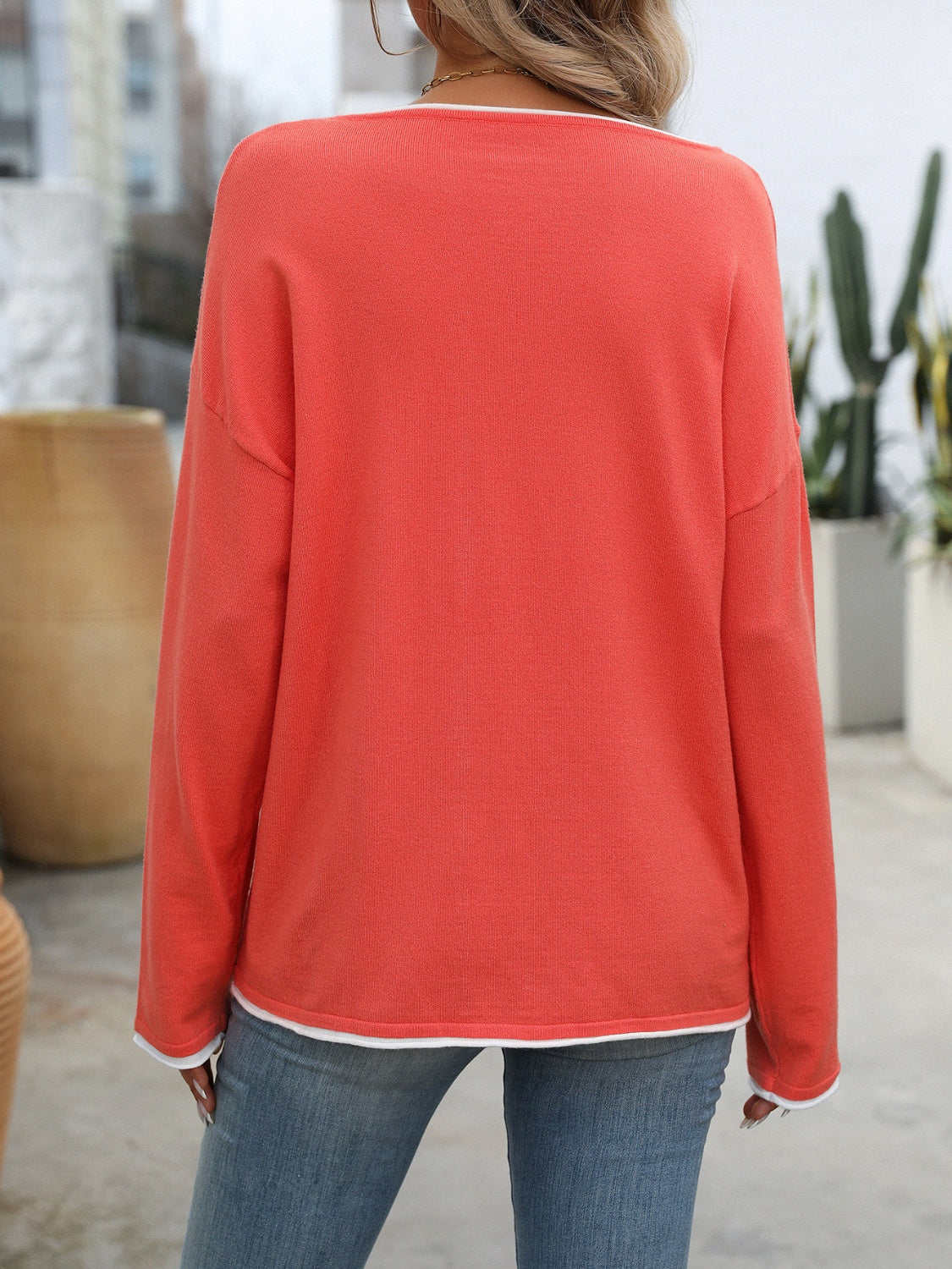 Round Neck Long Sleeve Sweater. Orange-Red.