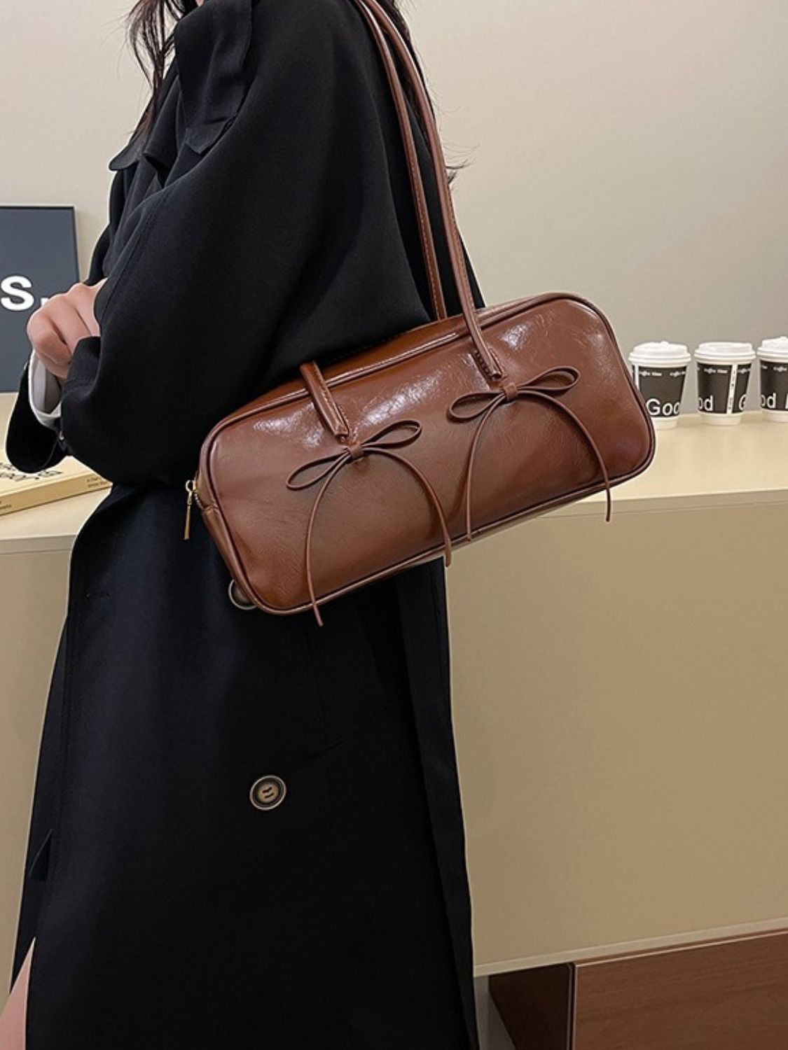 Leather Bow Trim Shoulder Bag. Brown.