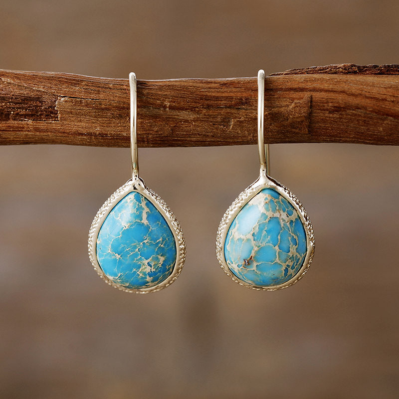 Copper Natural Stone Teardrop Shape Earrings. Pastel Blue.