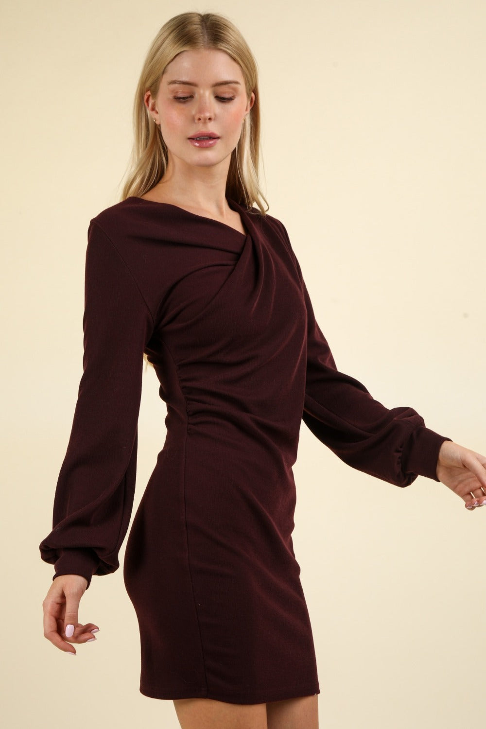 Ruched Detail Bodycon Mini Dress. Wine.