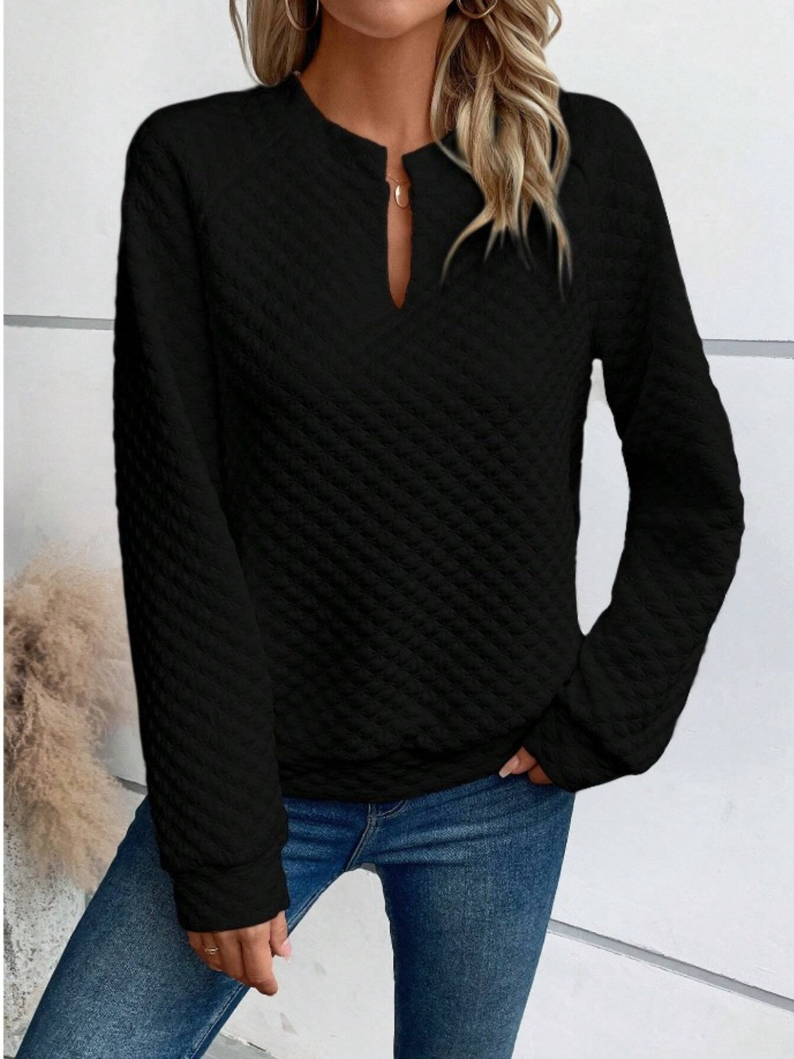 Notched Long Sleeve Sweatshirt. Black. 