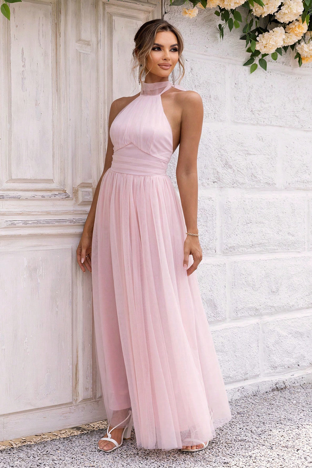 Halter Neck Backless Mesh Dress. Blush Pink.