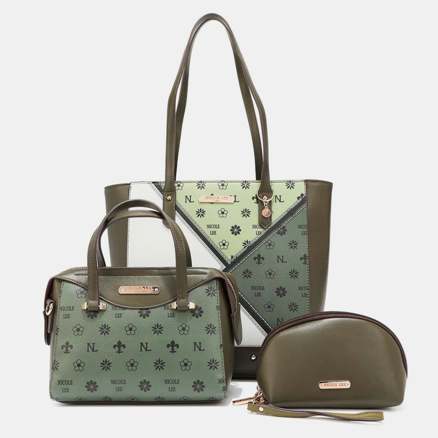 3-Piece Color Block Handbag Set. Olive.