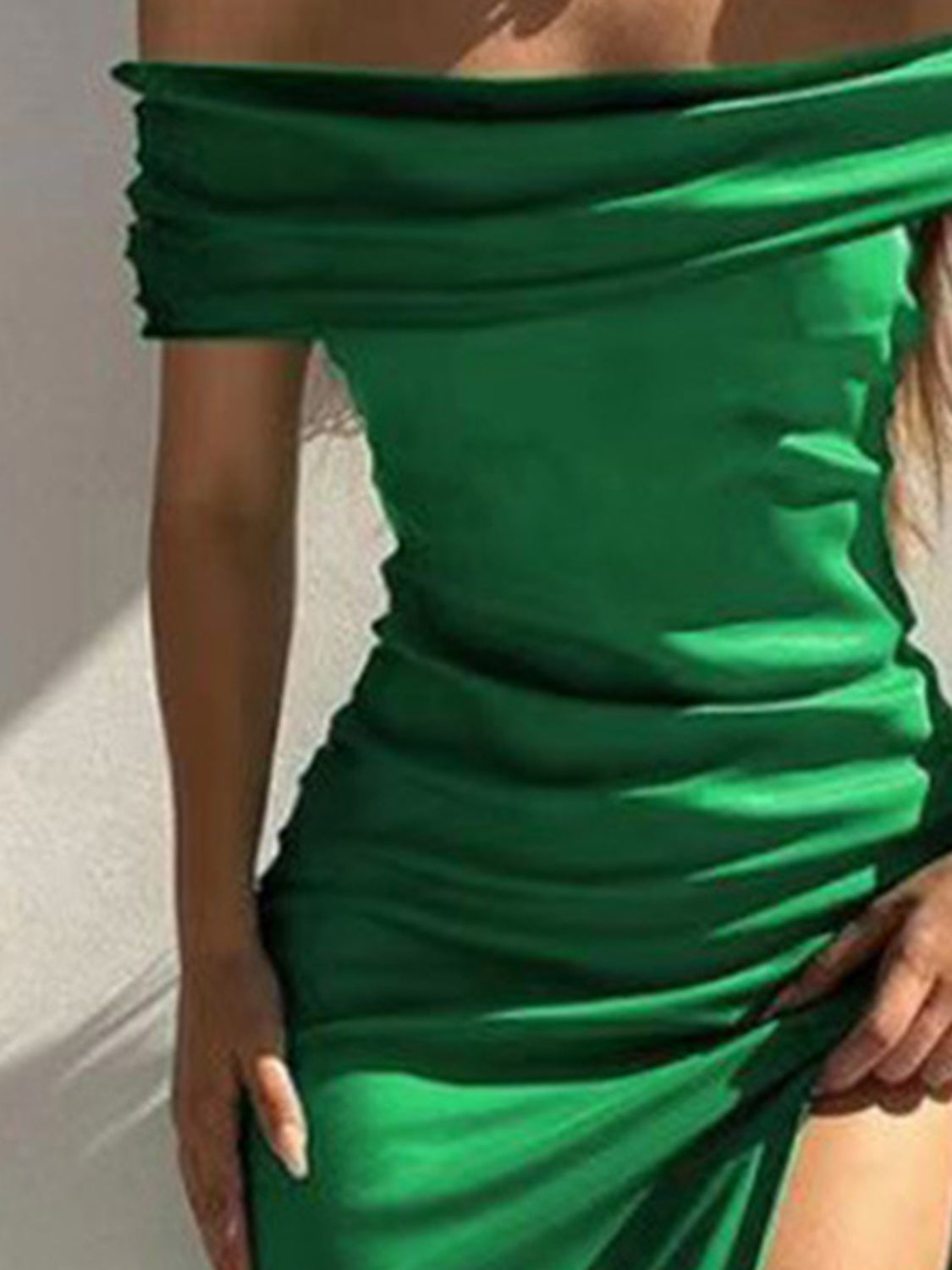 Split Ruched Off-Shoulder Dress.  Green.