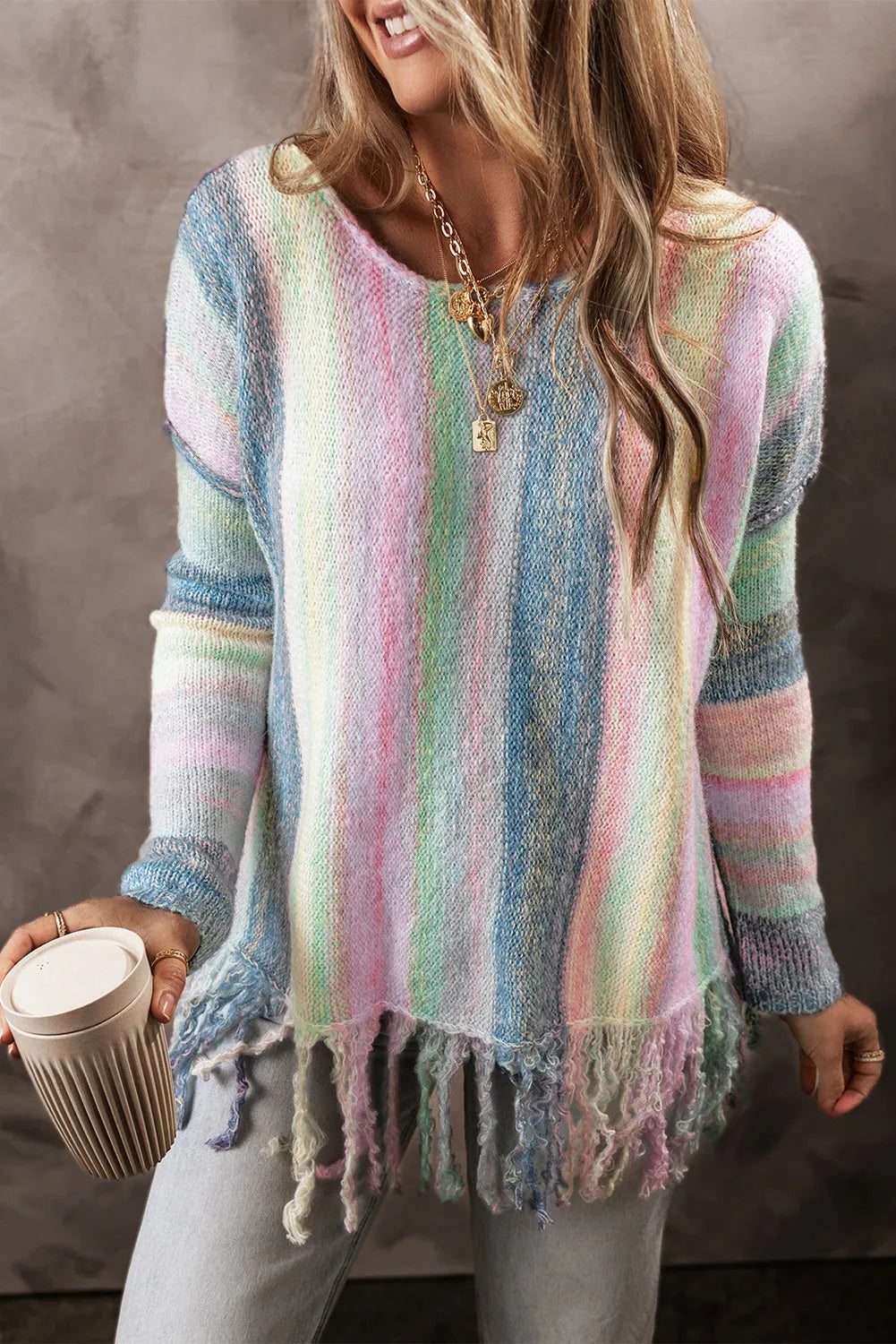 Fringe Color Block Round Neck Sweater. Light Blue.