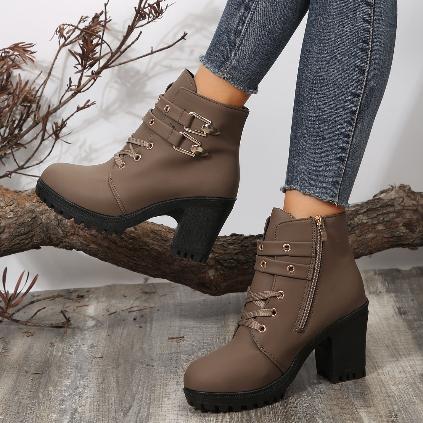 PU Leather Round Toe Block Heel Boots. Mocha.