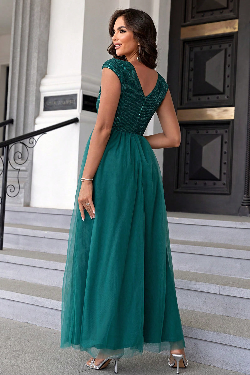 Sequin Mesh Maxi Dress. Turquoise.