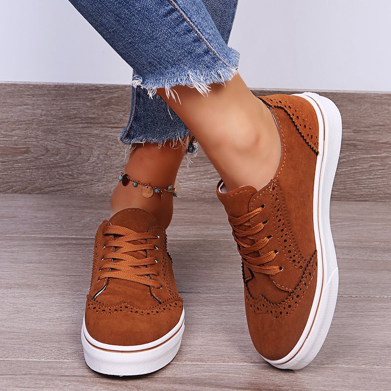 Lace-Up Suedette Flat Sneakers. Brown.