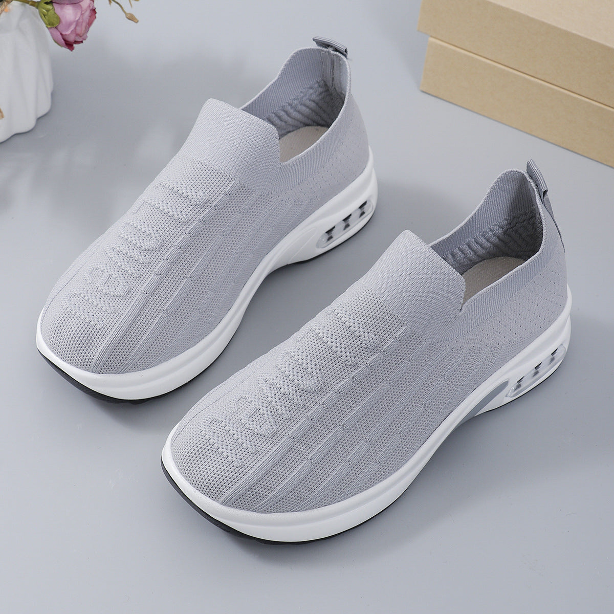 Round Toe Knit Detail Slip On. Light Grey.