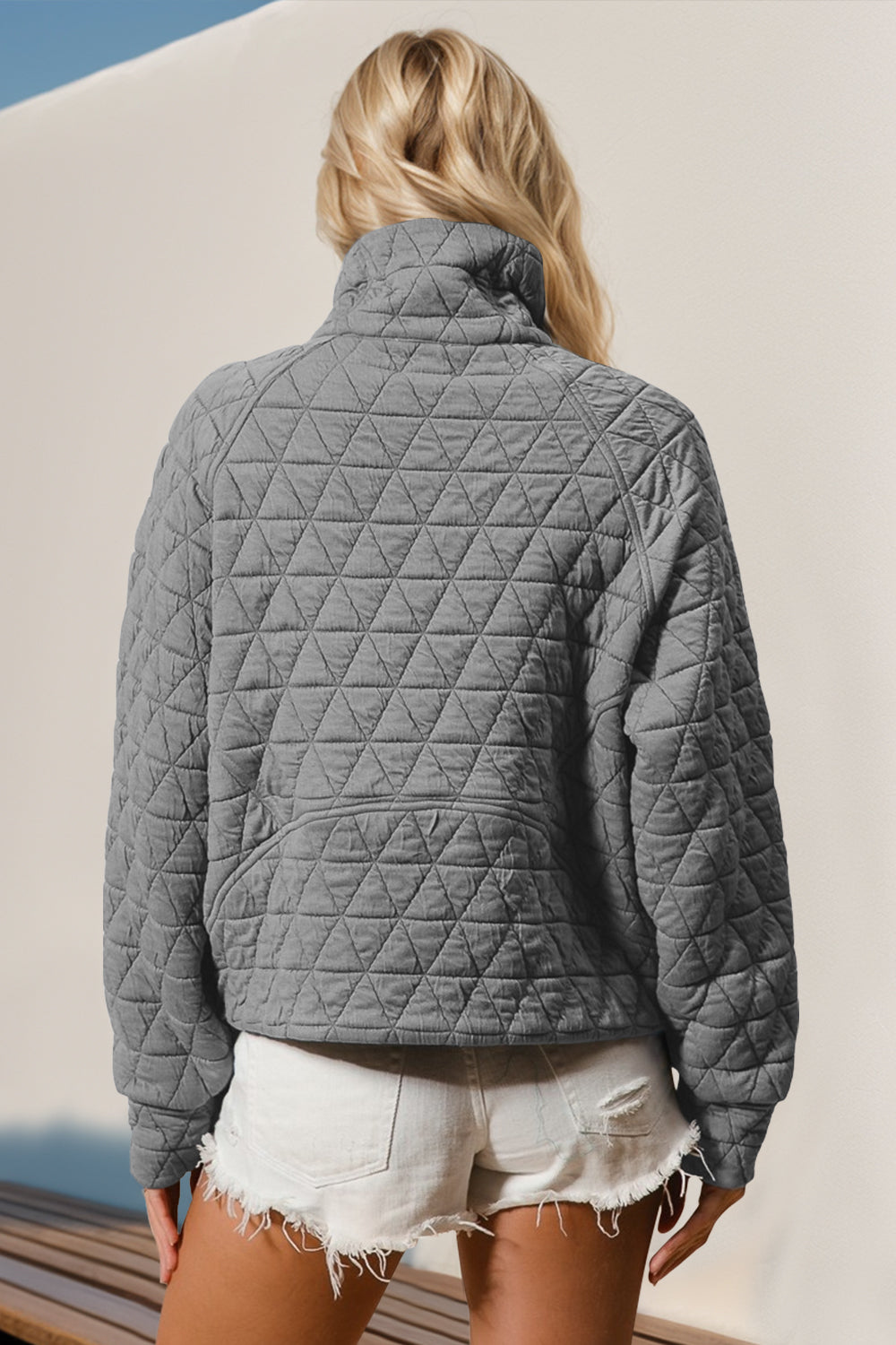 Quilted Sweatshirt with Pocket. Gray. back side.