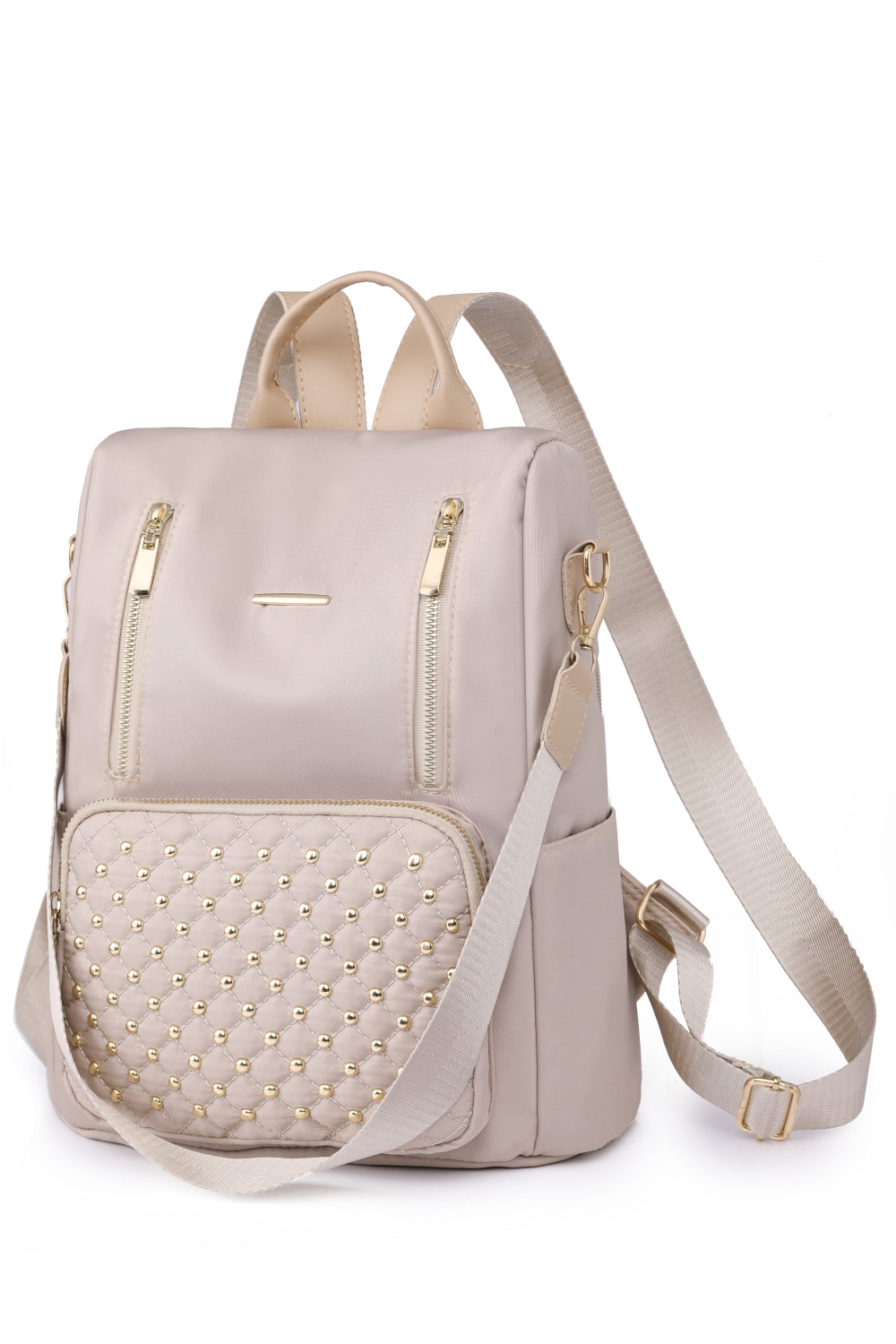  Zipper Pocket Beaded Backpack. Beige.