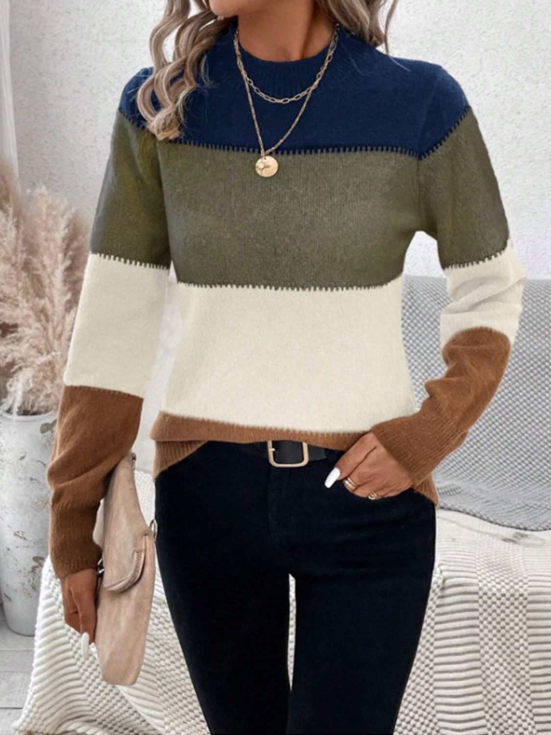 Color Block Mock Neck Long Sleeve Sweater. Moss color.