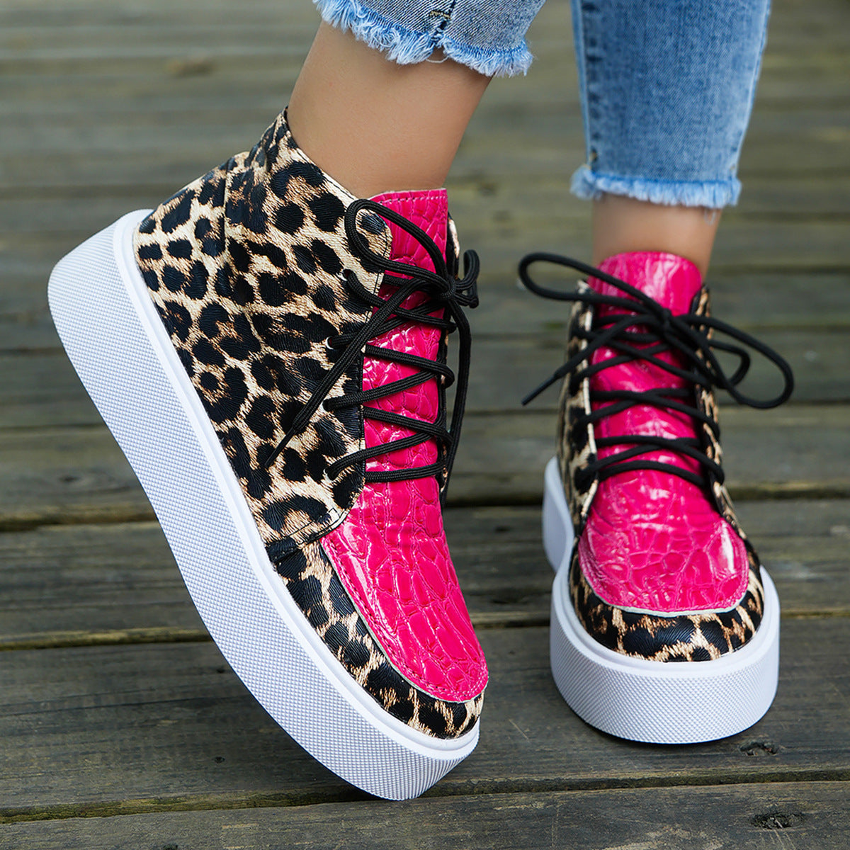 PU Leather Leopard Platform Sneakers. Hot Pink.