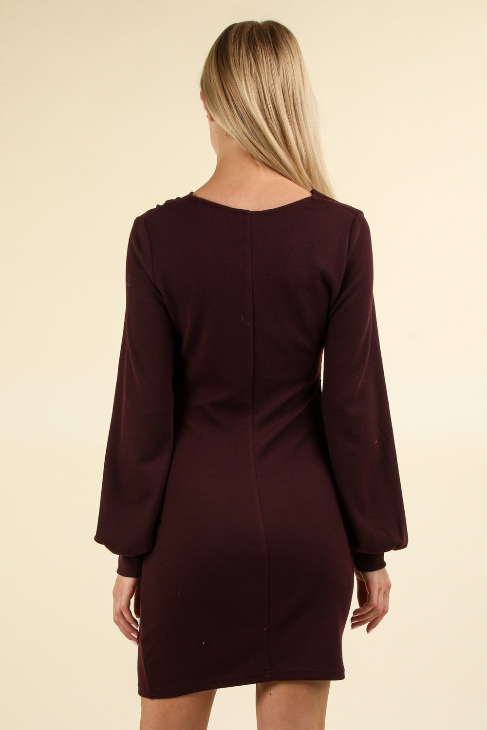 Ruched Detail Bodycon Mini Dress. Wine.