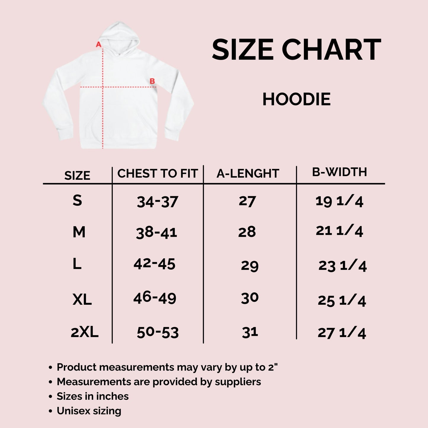 Women's Embroidered Hoodie. Size chart.