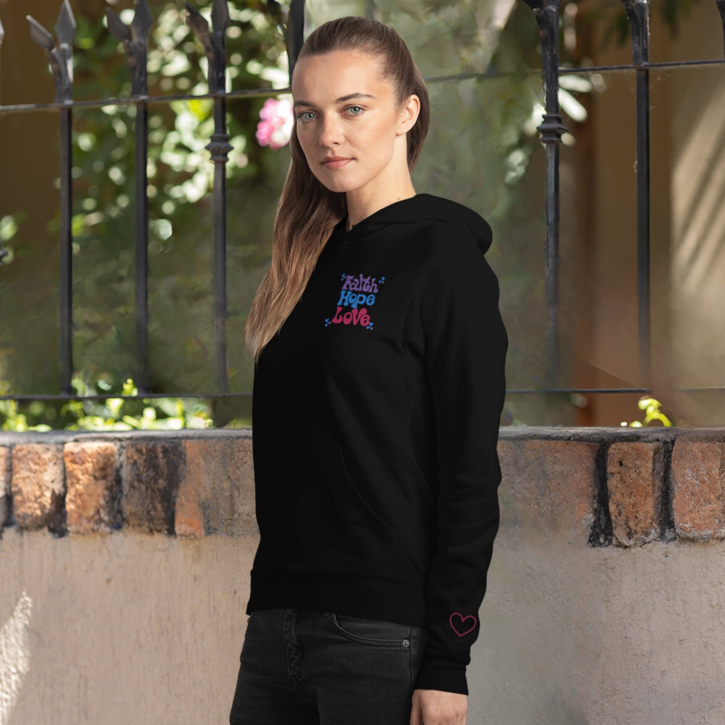 Women's Embroidered Design Hoodie. Black.