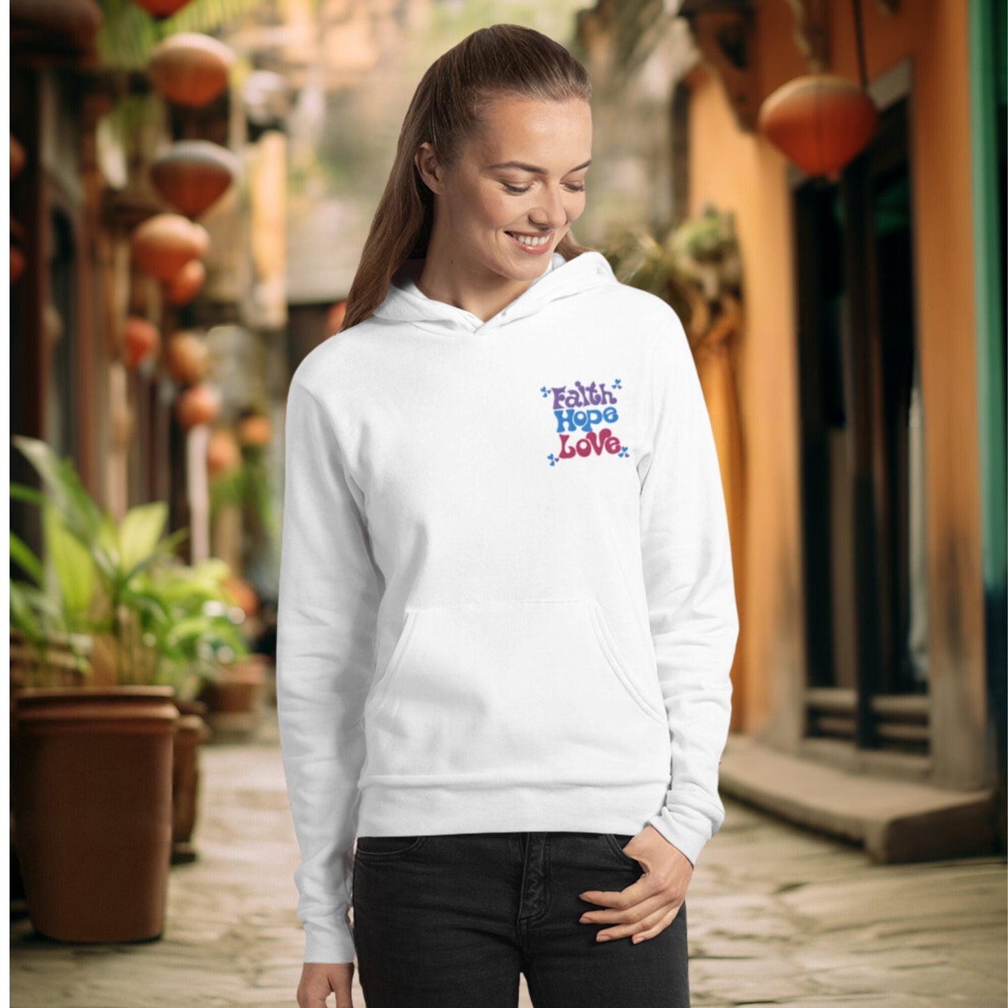 Women's Embroidered Design Hoodie. White.