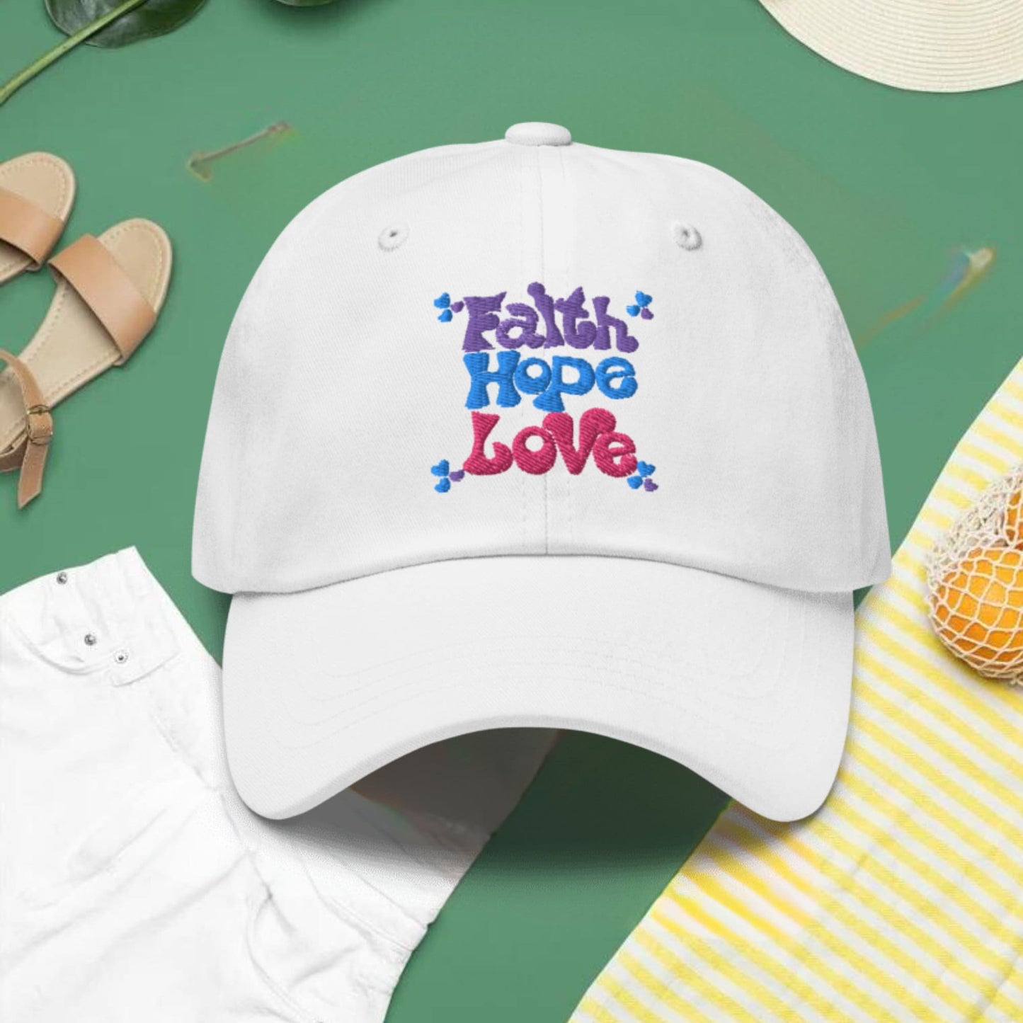 Embrace the powerful message of mental health awareness with our beautifully embroidered "Faith Hope Love" hat, designed for women who want to spread positivity and self-love. White hat.