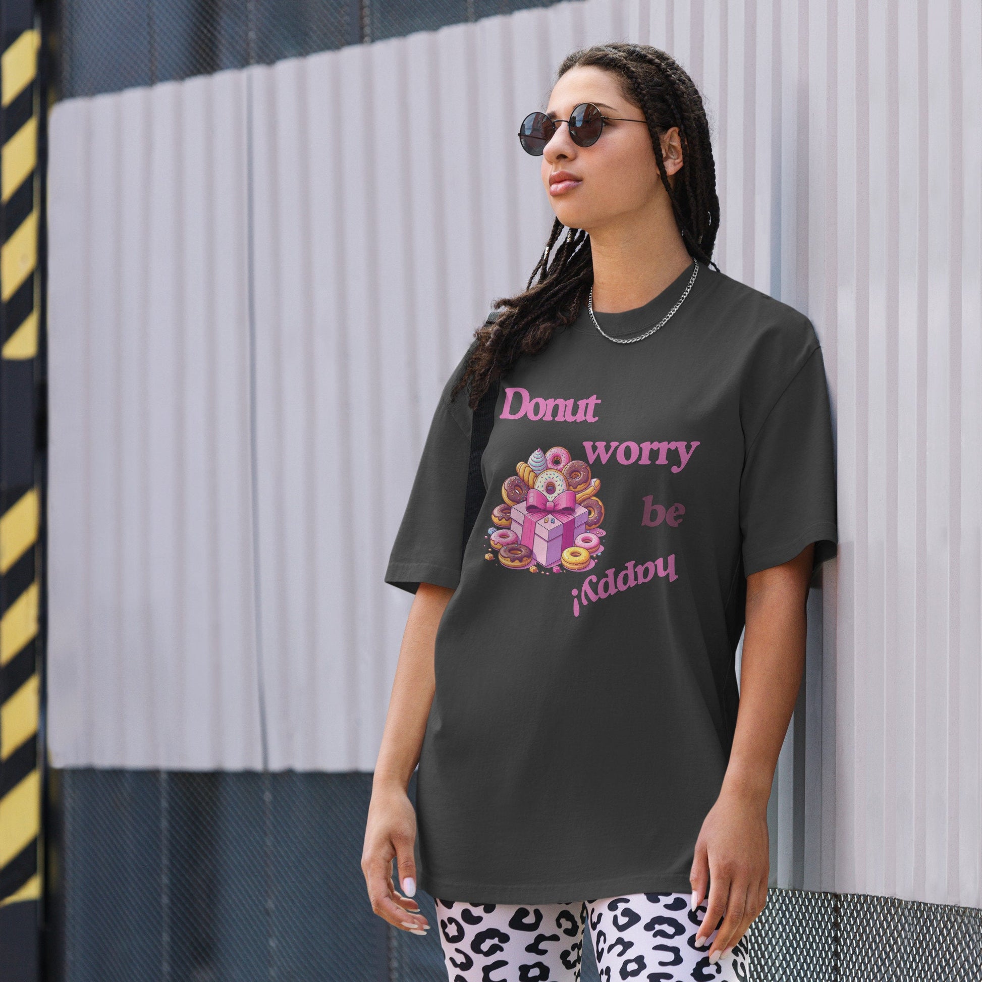 Donut Worry Be Happy Graphic Tee. Faded Black.