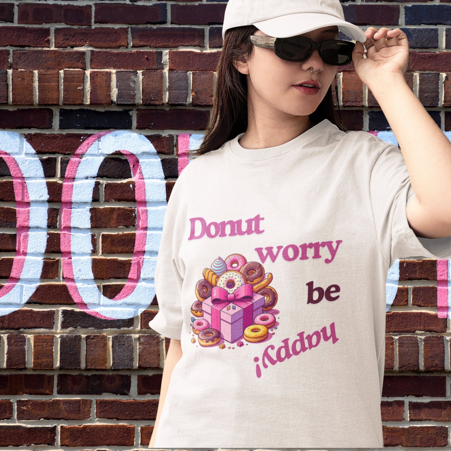 Donut Worry Be Happy Graphic Tee. Faded Bone.