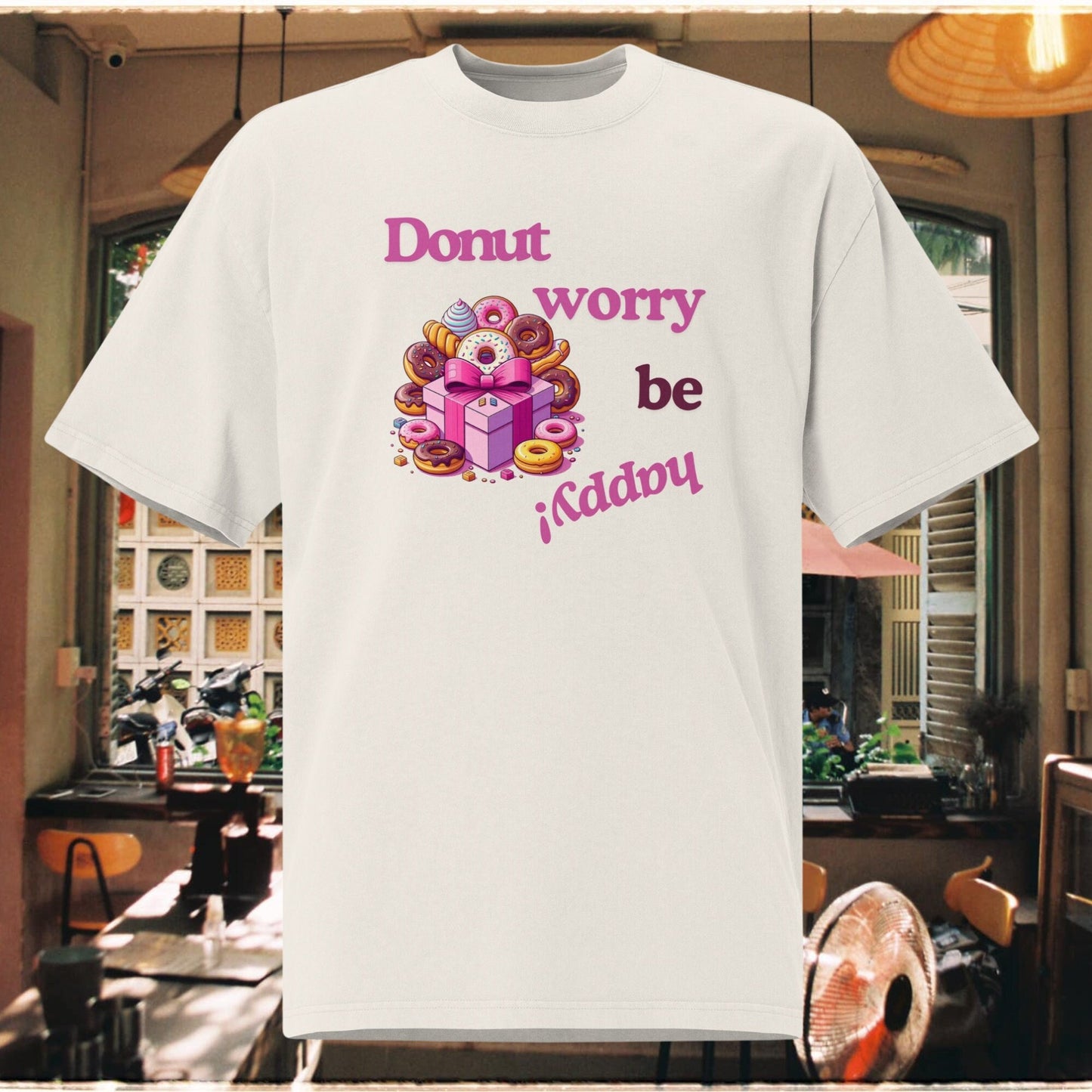 Donut Worry Be Happy Graphic Tee. Faded Bone.