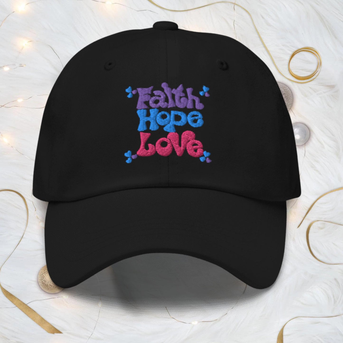 Embrace the powerful message of mental health awareness with our beautifully embroidered "Faith Hope Love" hat, designed for women who want to spread positivity and self-love. Black hat.