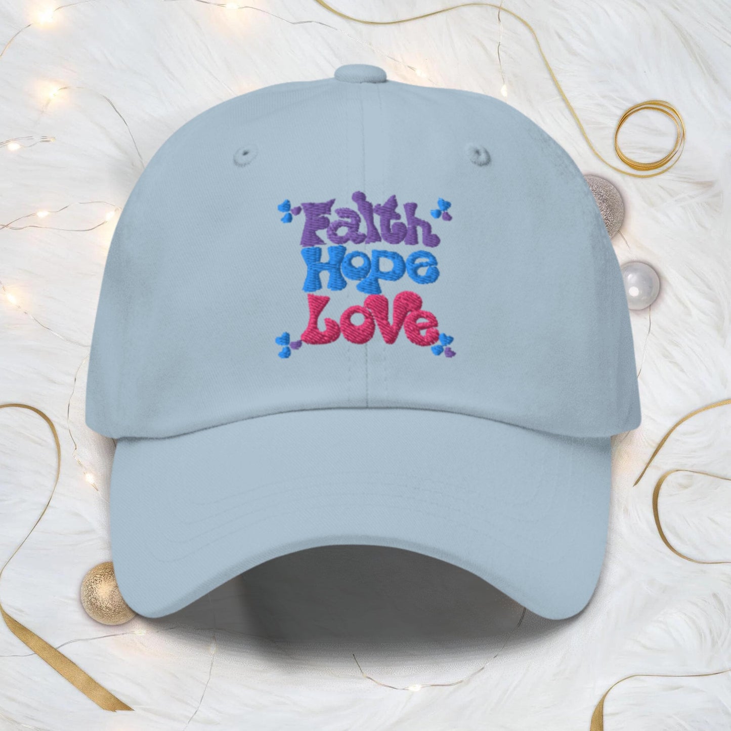 Embrace the powerful message of mental health awareness with our beautifully embroidered "Faith Hope Love" hat, designed for women who want to spread positivity and self-love. Blue hat.