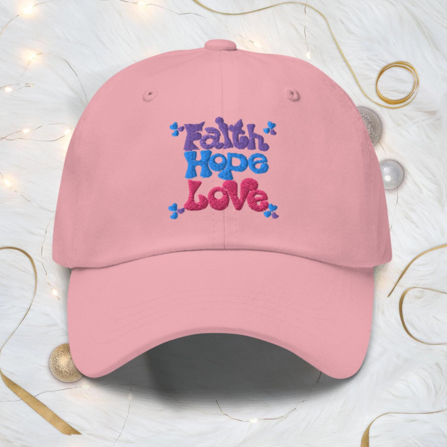 Embrace the powerful message of mental health awareness with our beautifully embroidered "Faith Hope Love" hat, designed for women who want to spread positivity and self-love. Pink hat.