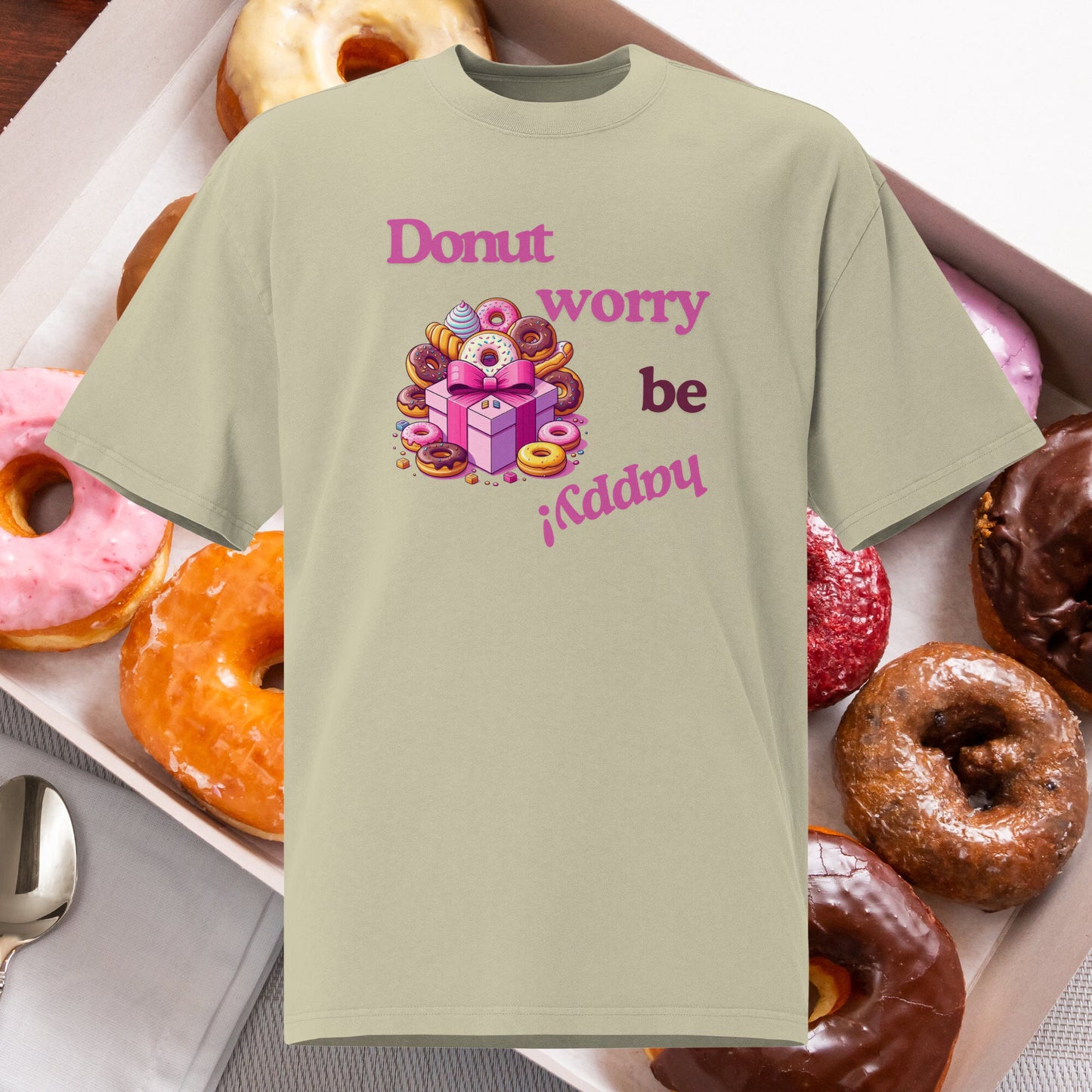 Donut Worry Be Happy Graphic Tee. Faded Eucalyptus.