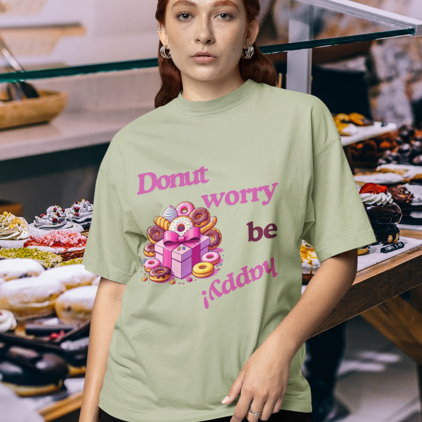 Donut Worry Be Happy Graphic Tee. Faded Eucalyptus.