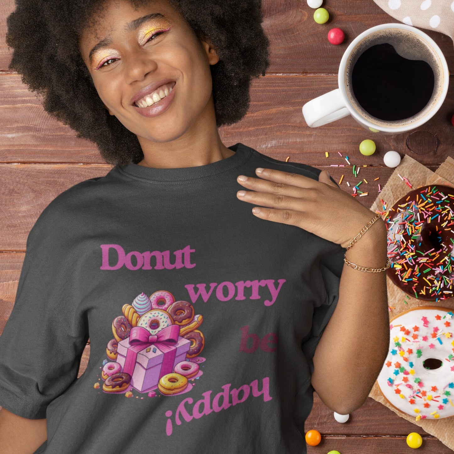 Donut Worry Be Happy Graphic Tee. Faded Black.