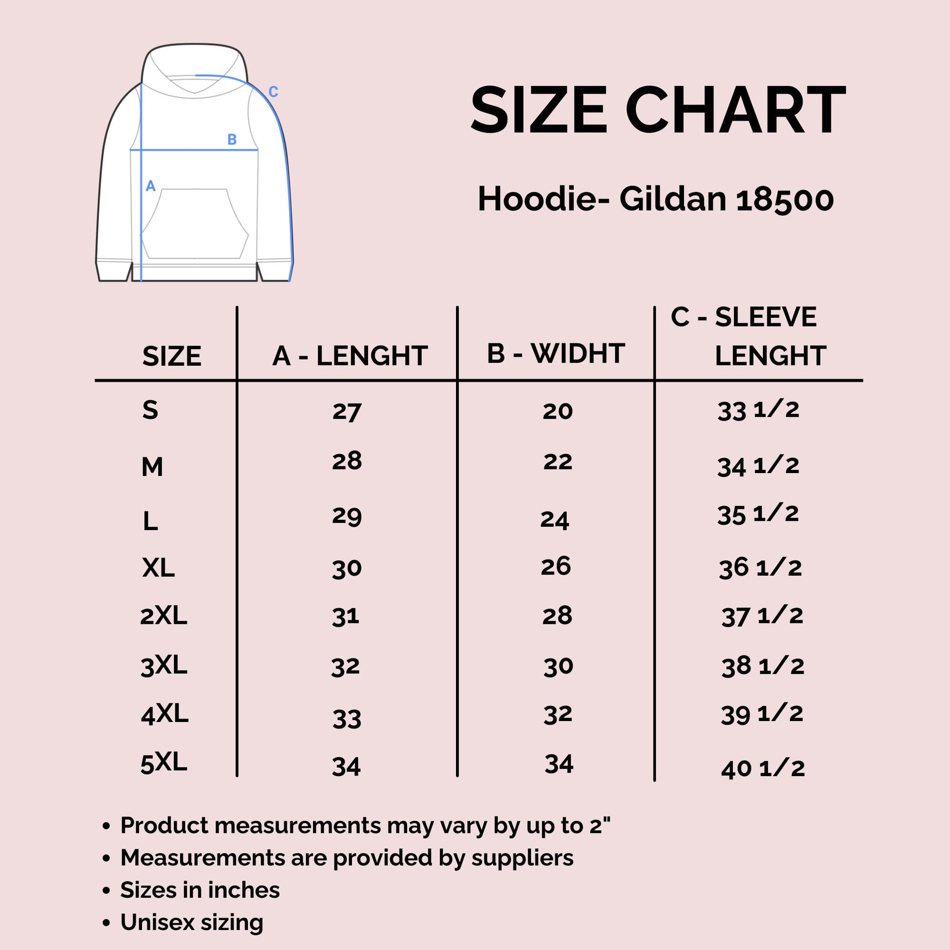 Women's Embroidered Hoodie. Size Chart.