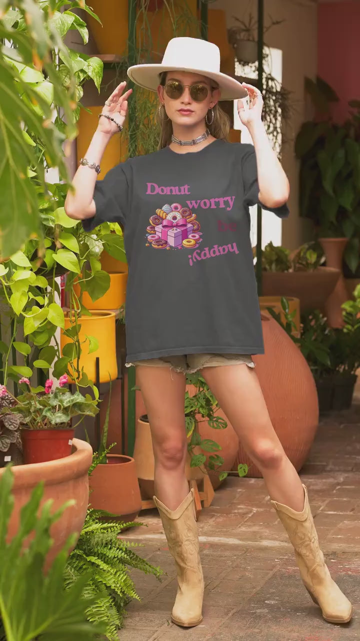 Donut Worry Be Happy Graphic Tee. Faded Black.